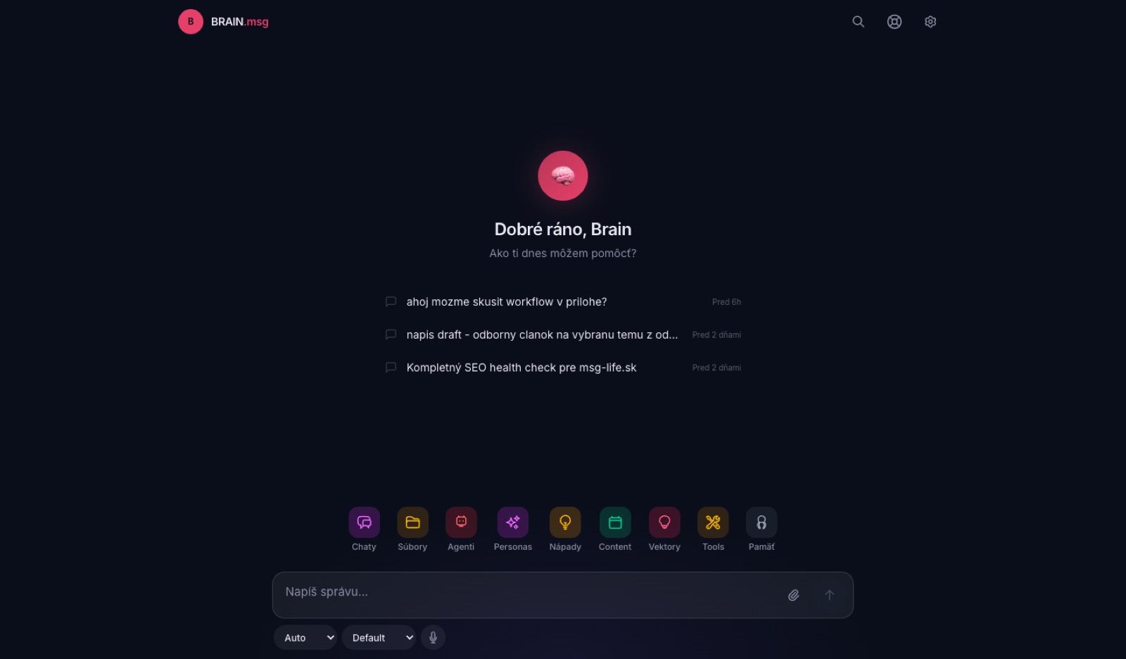 Home — actions and agent picker